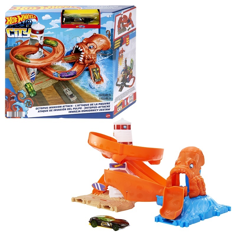 Hot Wheels Toy Car Track Set City Octopus Invasion Attack Playset, Octopus  Launcher, 1:64 Scale Car